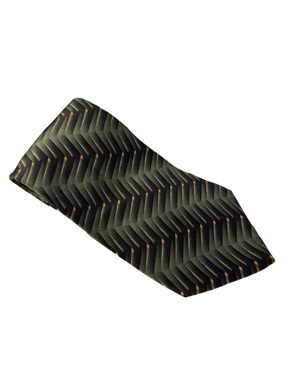 Bill Blass Black Label Y2K Olive Green/Black 100% Silk Geometric Herringbone Tie